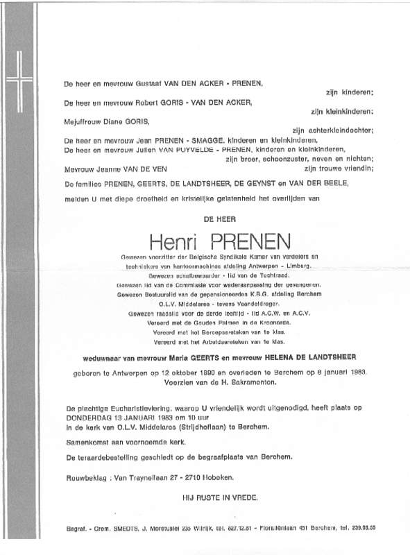 Overlijdensbrief Henri Prenen